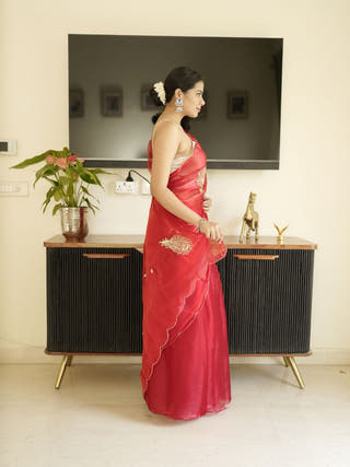 Red Organza Saree With Hand Zardoshi Work