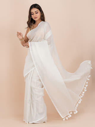 Snow Veil Pure Cotton Striped Saree With Metallic Zari Ocau 
