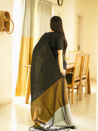 Twilight Tale Black Cotton Saree with Gold & Silver Zari Pallu