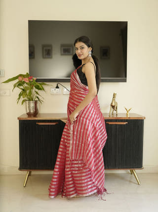 Red Saree With Silver Zari Striped