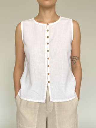 Moor White Cotton-Linen Buttoned Sleeveless Top