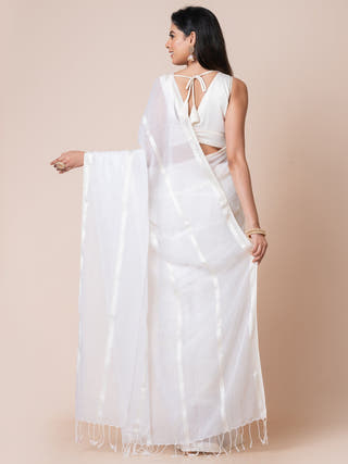 Gleam & Glam | Pure Cotton Saree With Zari Stripes | White Ocau