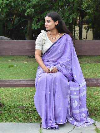 Purple Haze Pure Cotton Saree With Jamdani Motifs Without Blouse Piece