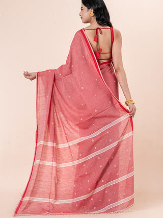 Powder Rose - Organic Cotton Saree With Jamdani Motifs Without Blouse Piece
