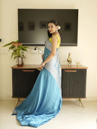 Blue Banarasi Silk Saree With Zari Border