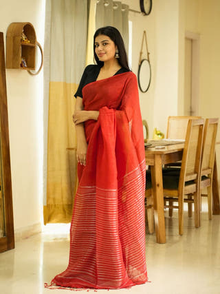 Rustic Bloom Red Linen Saree with Zari Striped Pallu