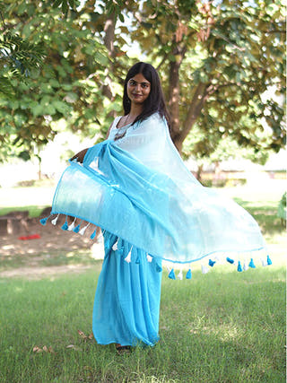 Pure Cotton Solid Shaded Saree Without Blouse Piece II Blue
