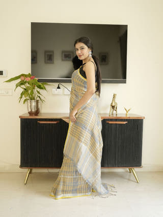 Yellow-Grey Checked Linen Saree