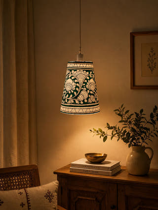 Handcrafted Tholu Bommalata Emerald Floral Hanging Lamp