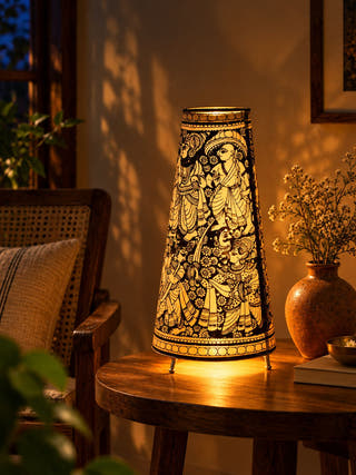 Dashavathar Hand Painted Table Lamp - Black