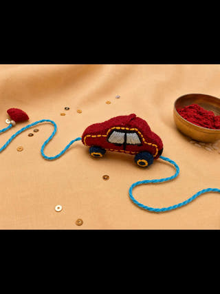 Hand Embroidered 3D Car Rakhi  | Red (Set of 2)