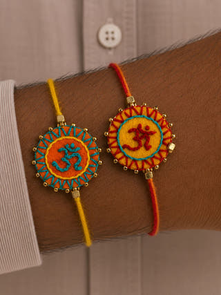 Hand Embroidered Aum Mandala Rakhi | Set Of 2 | Orange & Yellow