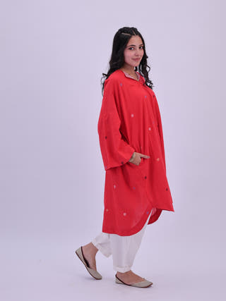 Rumi Red Handloom Cotton Jamdani Kurta