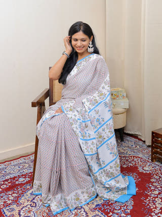 Prachi Heritage Sanganeri Hand Block Printed Pure Cotton Saree