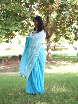 Pure Cotton Solid Shaded Saree Without Blouse Piece II Blue