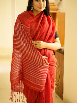 Rustic Bloom Red Linen Saree with Zari Striped Pallu