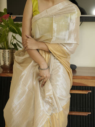 Ivory & Gold Glass Tissue Silk Saree