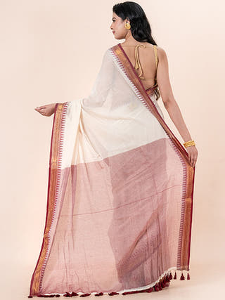 Ruby Glow - Pure Cotton Saree With Kanchi Border Without Blouse Piece