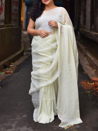 Pure Cotton Saree Golden Stripes Pistachio green OCAU