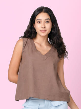 Vezee Sleeveless Brown V-neck Top