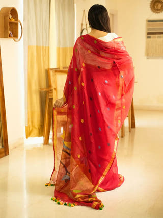 Paithani Blossom Handpainted Red Linen Saree