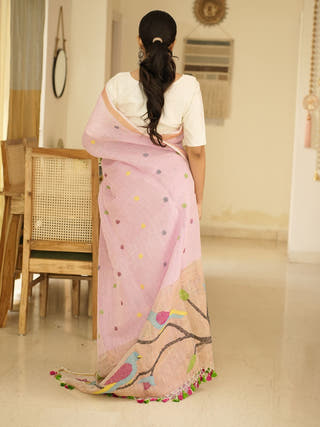 Blush Pink Handpainted Paithani Linen Saree