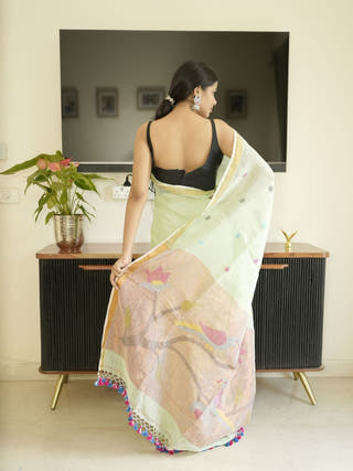 Green Paithani Linen Saree