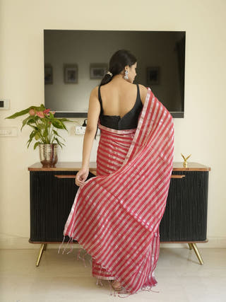Red Saree With Silver Zari Striped