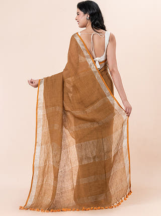 Terra Mocha - Pure Linen Saree With Zari Border Without Blouse Piece