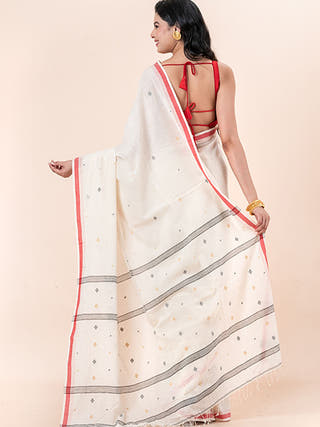 Pearl Dawn - Organic Cotton Saree With Jamdani Motifs Without Blouse Piece