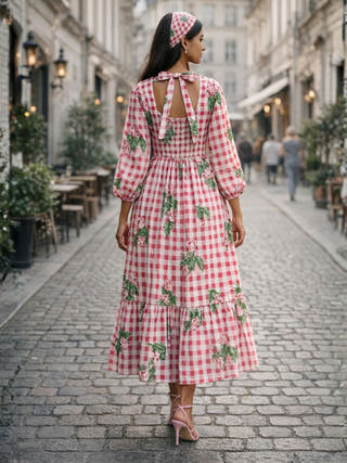 Ella Pink Checked A-line Cotton Midi Dress