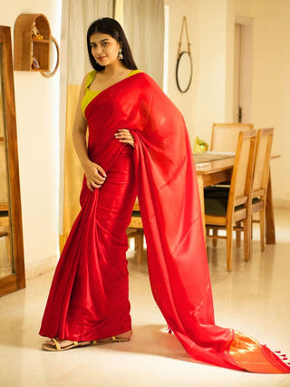 Crimson Glow Red Silk Saree with Gold Zari Border