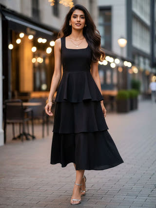 Nina Black Frilled Cotton Midi Dress