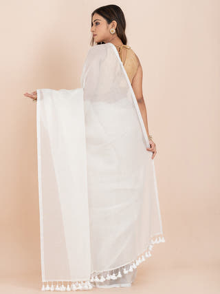 Snow Veil Pure Cotton Striped Saree With Metallic Zari Ocau 