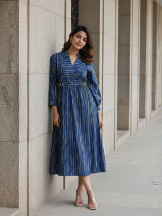 Skye Blue Tie-up Fit and Flare A-line Midi Dress
