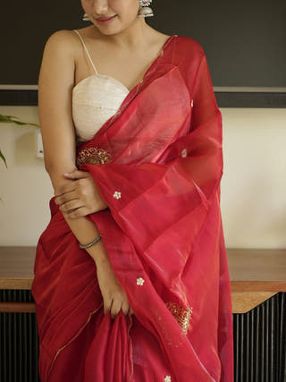 Red Organza Saree With Hand Zardoshi Work