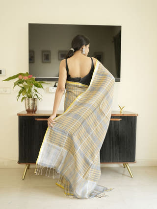Yellow-Grey Checked Linen Saree