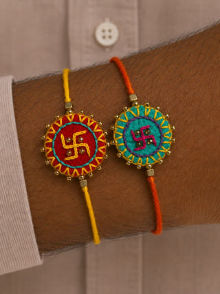 Hand Embroidered Swastika Mandala Rakhi | Set Of 2 | Red & Sea Green