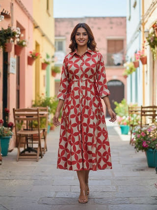 Blair Red Button-down Circular Midi Dress