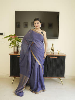 Purple Linen Silk Saree With Zari Border