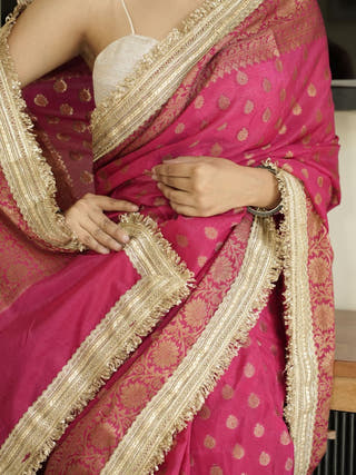 Red-Gold Banarasi Silk Saree With Lace Border