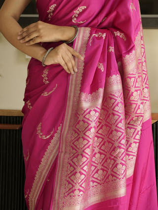 Pink Banarasi Silk Saree With Zari Border