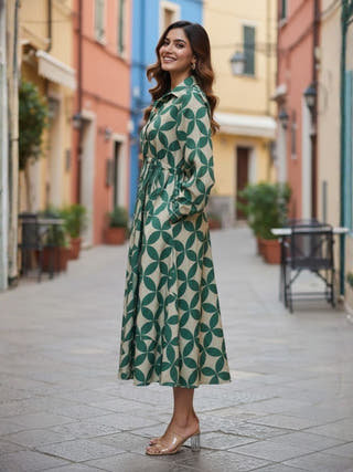 Blair Green Button-down Circular Midi Dress