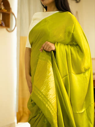 Lime Lustre Pure Silk Saree with Gold Zari Border