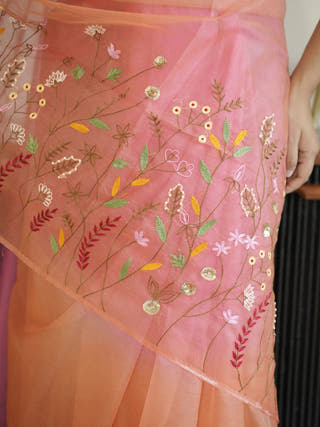 Orange-Pink Ombre Organza Saree