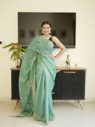 Green Linen Silk Saree With Zari Border