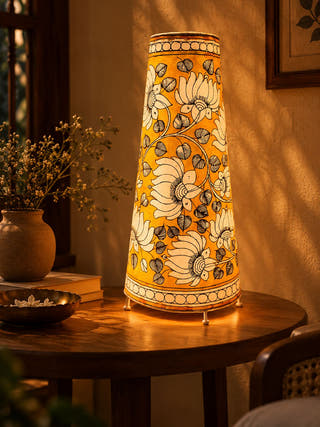 Lotus Hand Painted Leather Table Lamp - Yellow