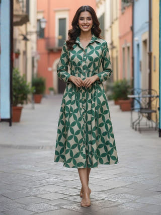 Blair Green Button-down Circular Midi Dress