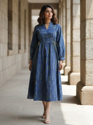 Skye Blue Tie-up Fit and Flare A-line Midi Dress