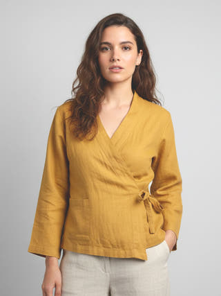 Wrap Top Mustard Cotton-Linen Tie-Up Front